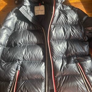 Moncler Men's Dark Puffer Jacket with Red Accents